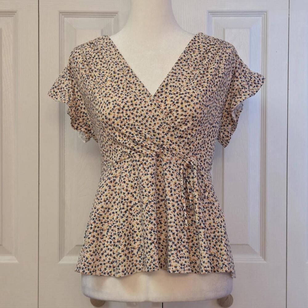 Y2K Cottagecore Floral Wrap Top Monteau Size XS-M Romantic Flutter Sleeve Fairy
